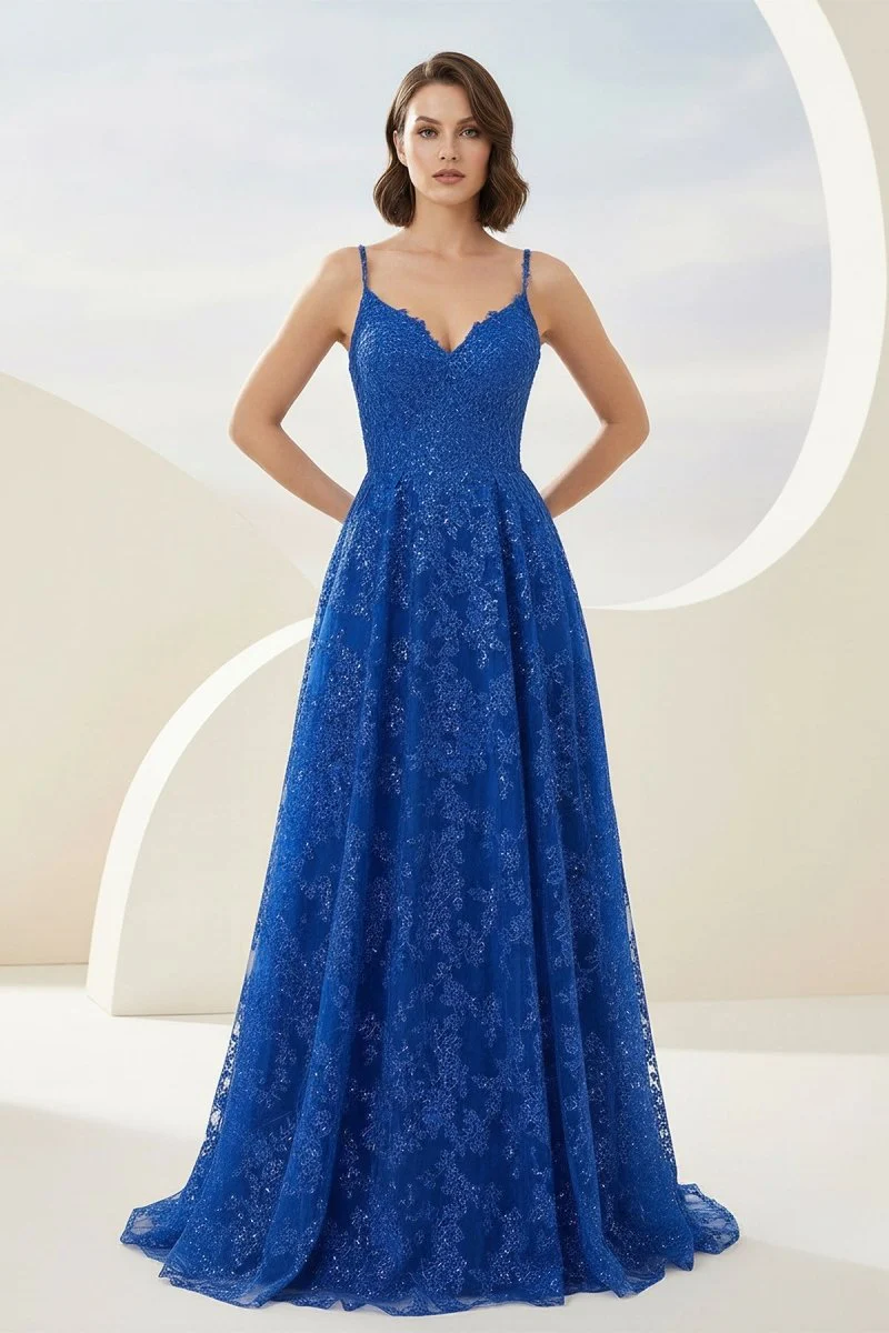 Royal Blue - A-Line Sequined Lace V Neck Long Prom Dresses