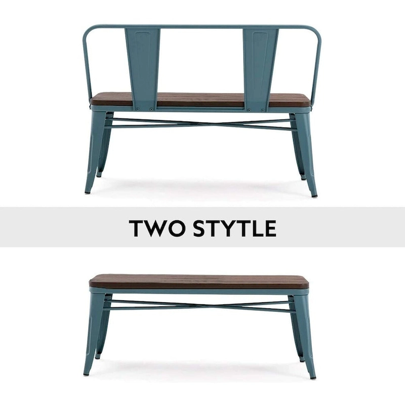 Dining Bench, Entryway Bench with Back, Farmhouse Metal Dining Bench, Industrial Mid-Century 3 Person Bench, Wood Seat