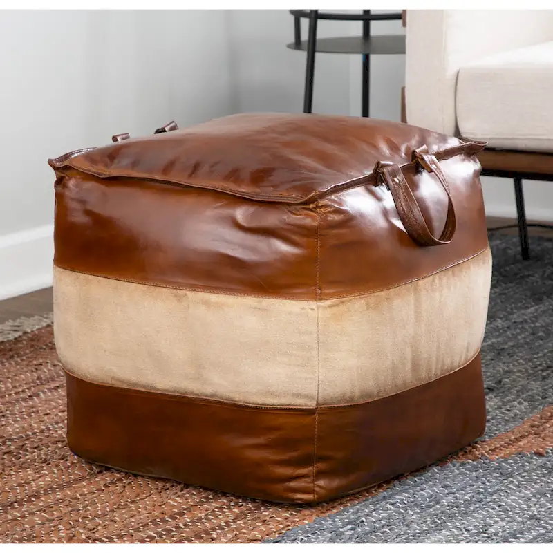 Carbon Loft Najah Industrial Pouf Ottoman in Leather and Canvas