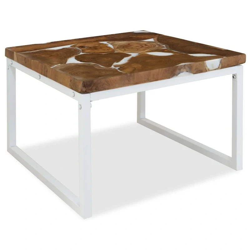 Teak & Resin Coffee Table / End Table with Steel Frame - 23.6x23.6x15.7