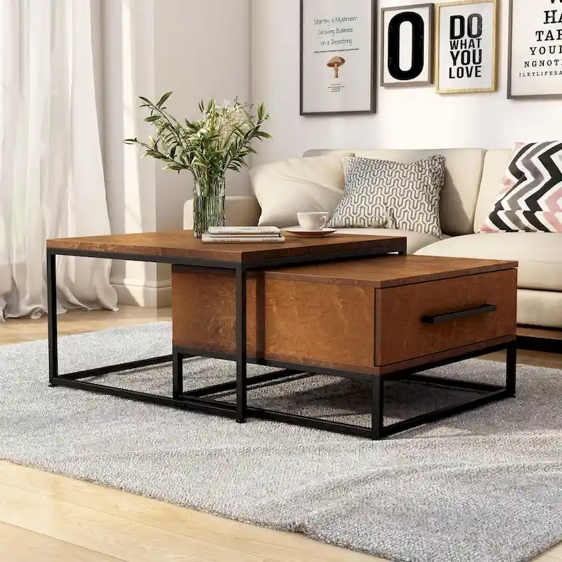 Rustic Brown Square 2-Piece Solid Wood Coffee Nesting Tables with 1-Drawer