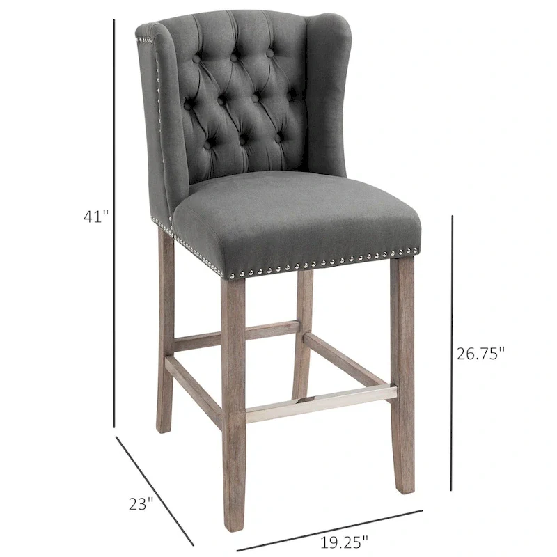 HOMCOM 2 Piece Counter Height Barstools Kitchen Breakfast Stools with Nailhead-Trim and Tufted Back, Solid Wood Legs