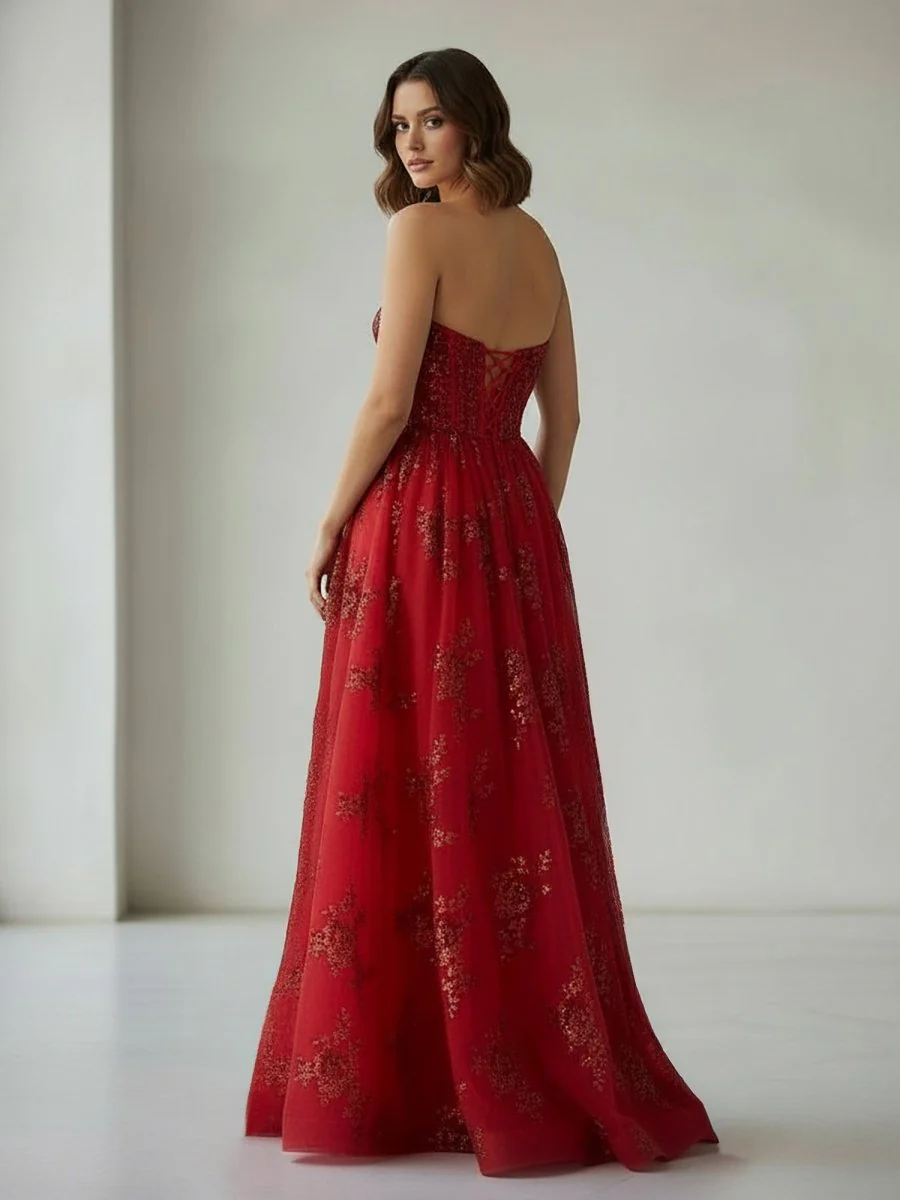 Red - A Line Strapless Pleating Long Prom Dress With Applique