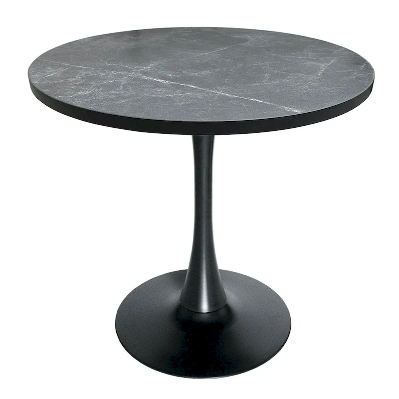 This 36-inch round dining table seats four, featuring a medium-density fiberboard tabletop and a stylish black iron base, suitable for both kitchen and dining areas.