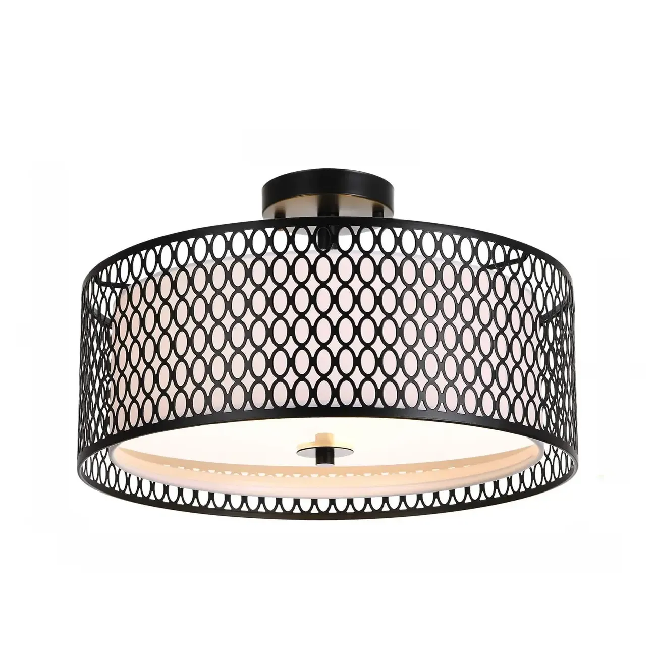 Modern Black Metal Hollow Cylinder Semi Flush Ceiling Light