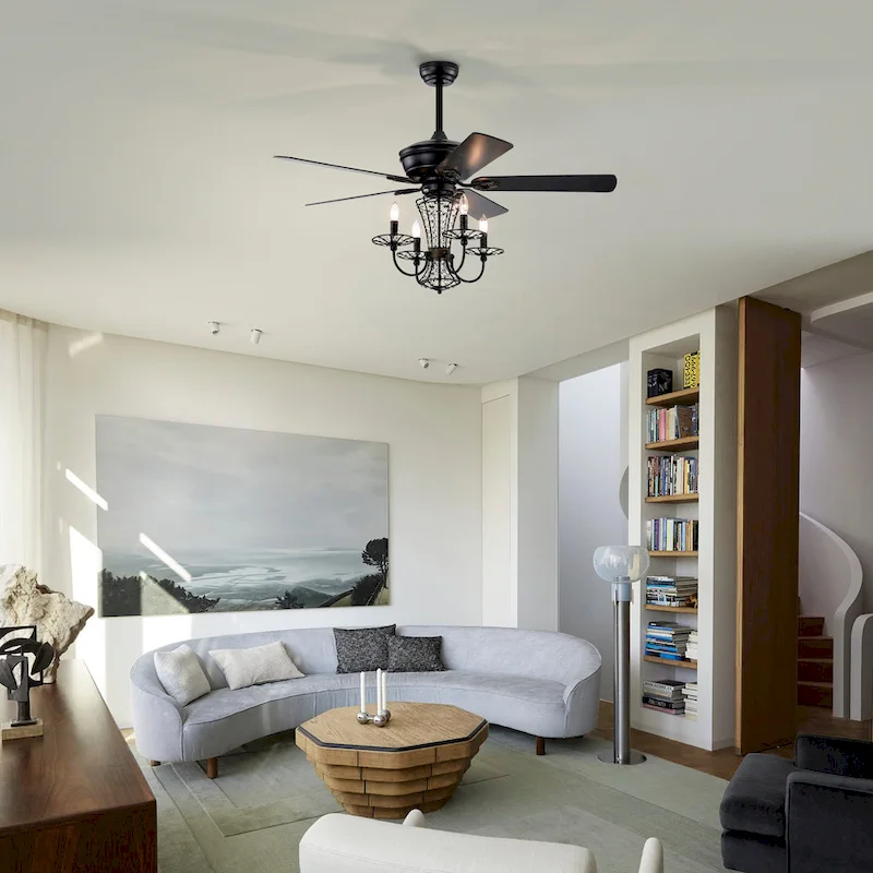 Cusp Barn 52in. Modern Industrial Crystal Ceiling Fan with Lights, Matte Black 3-Speed Reversible Ceiling Fan Light with Remote