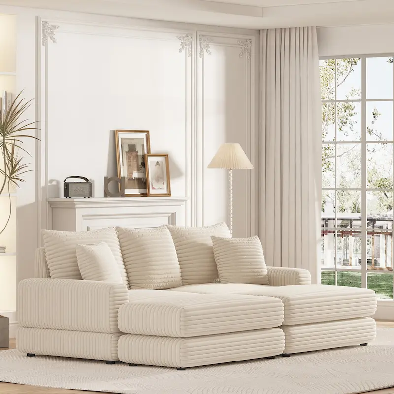86.6Inch Corduroy 3-seater sofa With 3 back pillows , 2 toss pillows and two ottoman ,Comfy Sofa- Deep Seat Couch for Living Roo