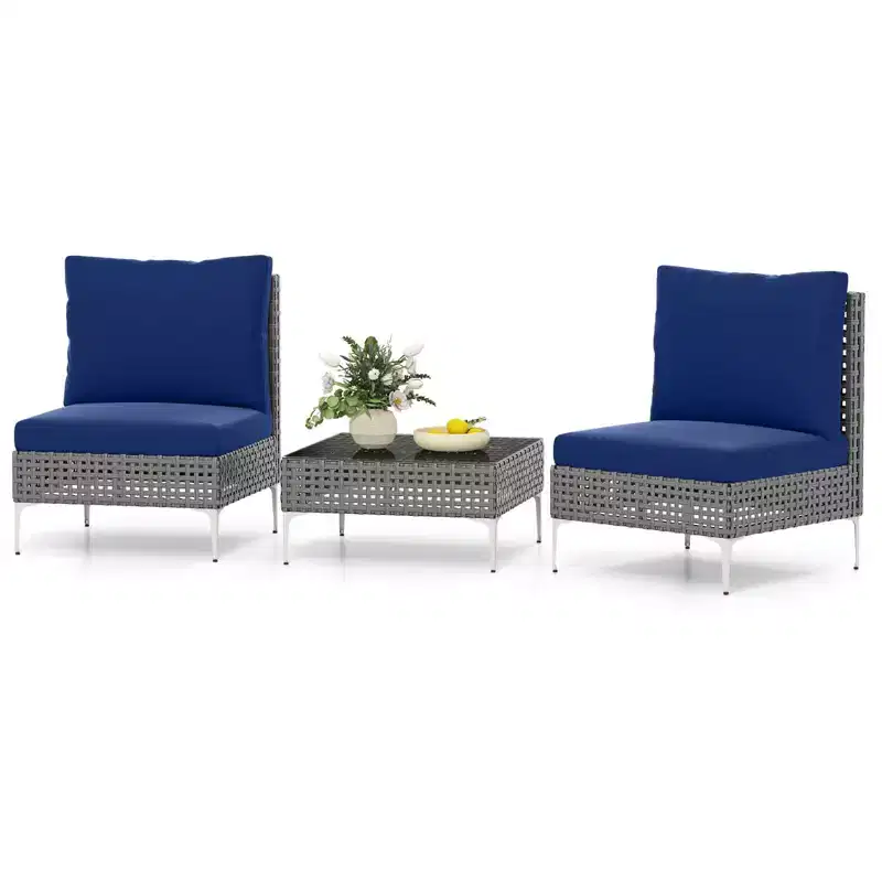 Costway 3 PCS Patio Furniture Set with Tempered Glass Coffee Table Soft Back & Seat Cushions Navy/White/Gray