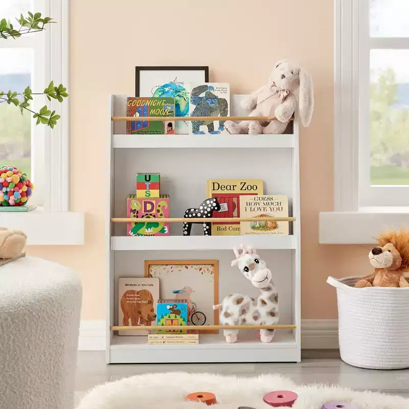 Danya B Steiner White 3-Tier Kids Book or Magazine Storage Freestanding Bookcase with Contrasting Wood-Toned Rods