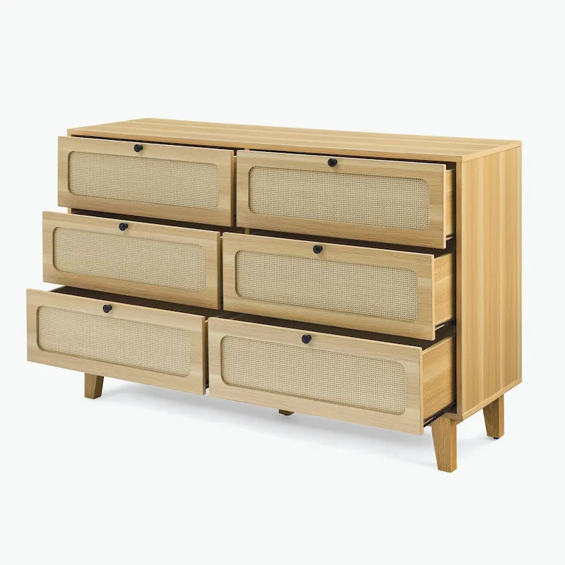 6-Drawer Dresser with Rattan Weave Fronts - Wood - 56 Inch