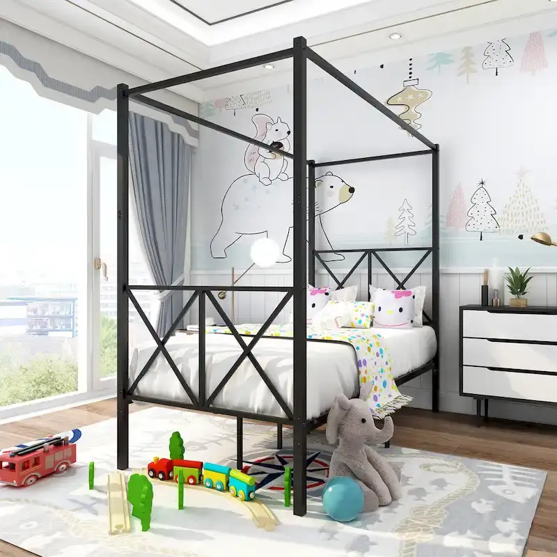 Black Metal Canopy Bed Frame, X-Shaped Headboard, Twin/Full/Queen, 1-2 Person