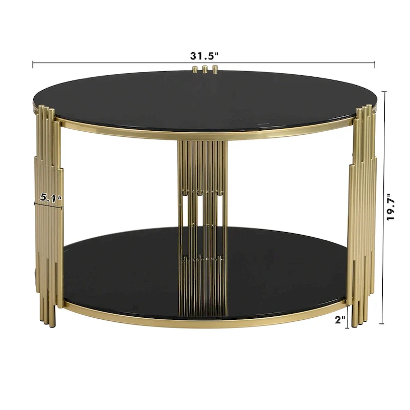 31.5 Tempered Glass Coffee Table with Asymmetrical Metal Design and Lower Shelf