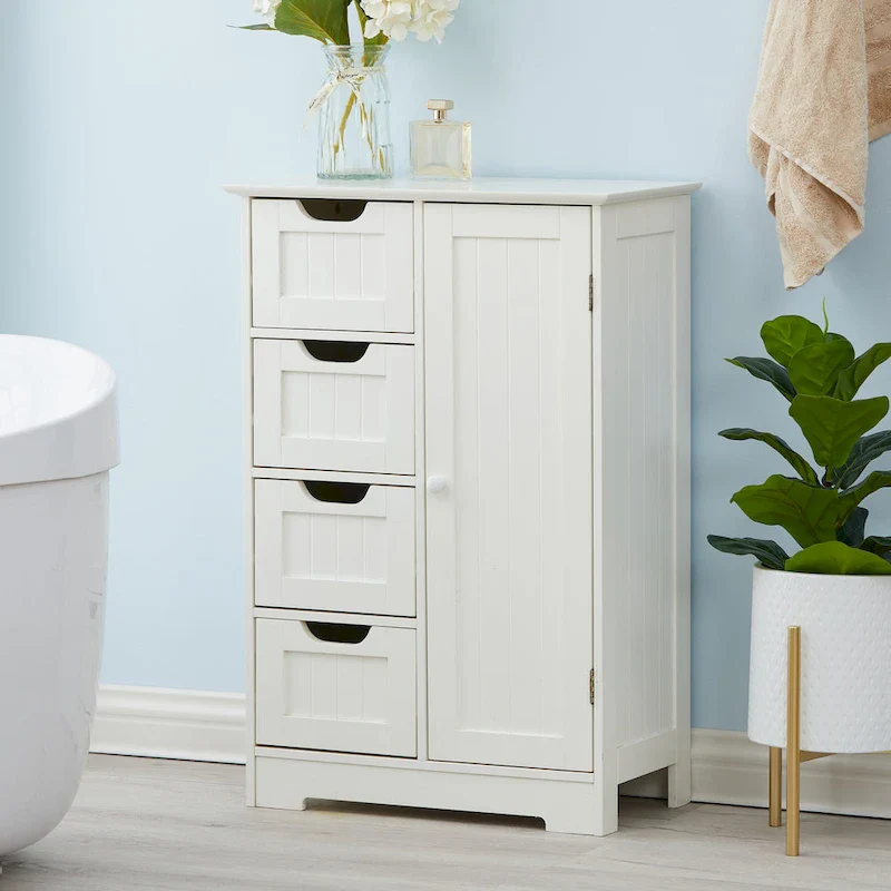 White Wood 4-Drawer 1-Door Bathroom Storage Cabinet - 32.68  H x 22.05  W x 11.81  D
