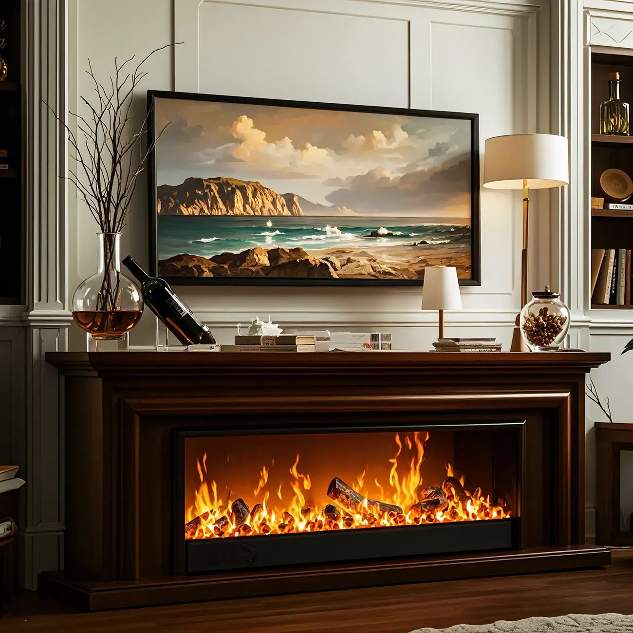 71 Rectangle Wood Brown Electric Fireplace TV Stand with Light