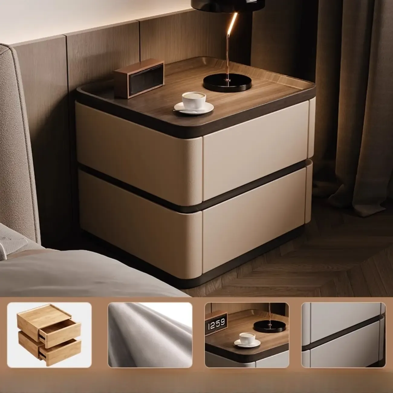 Wooden Overbed 2 Drawers Nightstand with Grooved Top