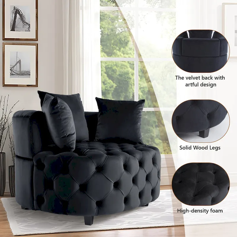 Velvet Modern Leisure Big Classical Barrel Chair with 2 Pillows