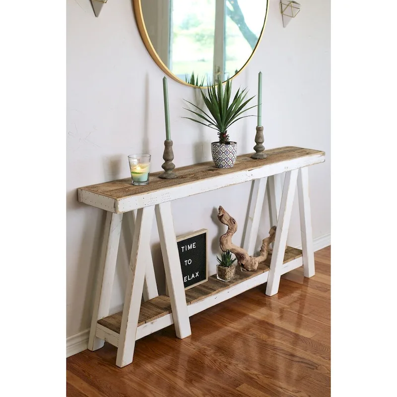 White Distressed Reclaimed Wood Narrow Console Table – Rustic Style