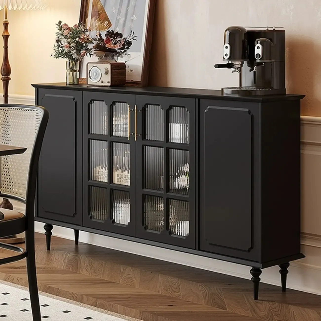 Modern Black Wood Fluted Glass Storage Cabinet for Living Room