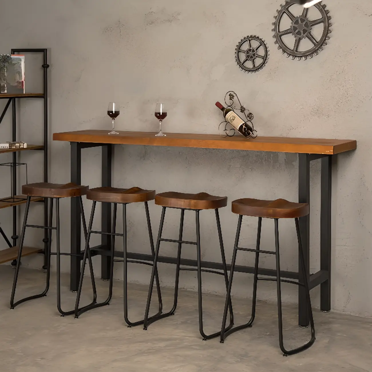 Modern Industrial Bar Table Wood Top Metal Trestle Base