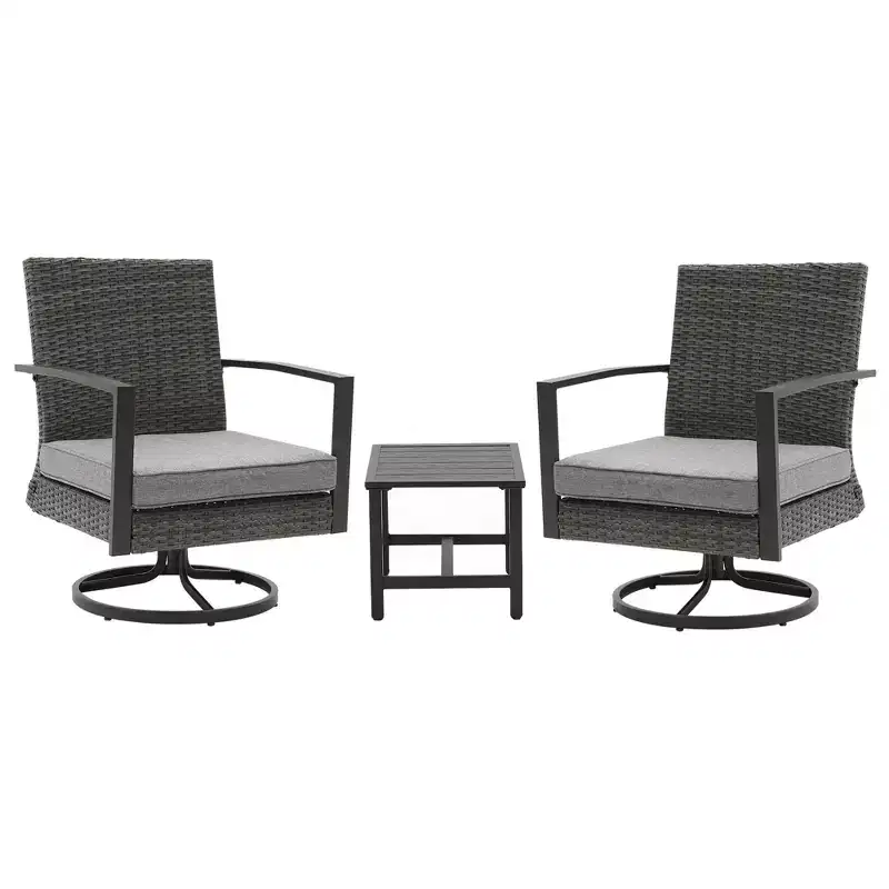 Heynemo 3 Pieces Patio Bistro Set with Swivel Chair and Small Side Table, All Weather Rattan Chairs with Water-Resistant Cushions & Metal Frame