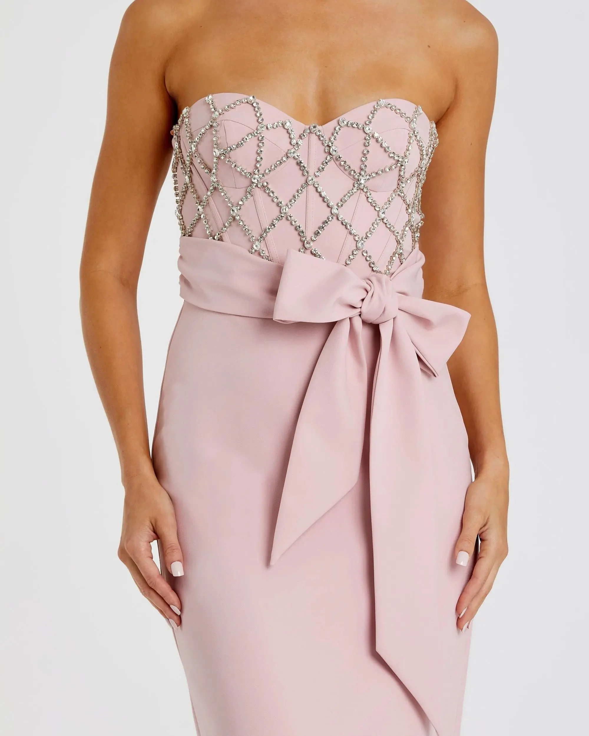 Pink Strapless Crepe Embellished Bustier Gown With Bow
