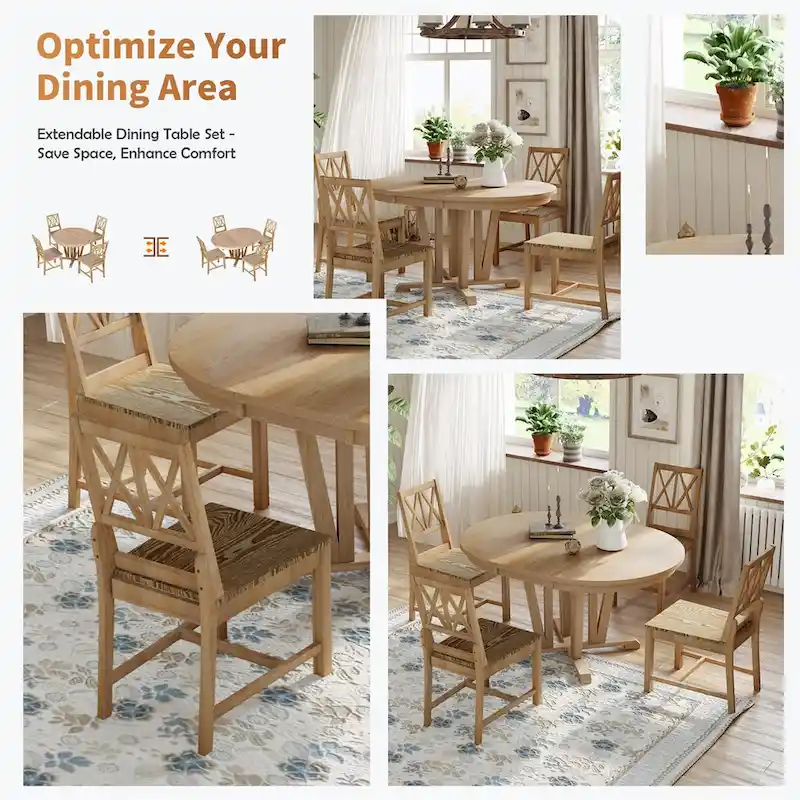 Extendable Dining Table Set Round Trestle Table and 4 Dining Chairs
