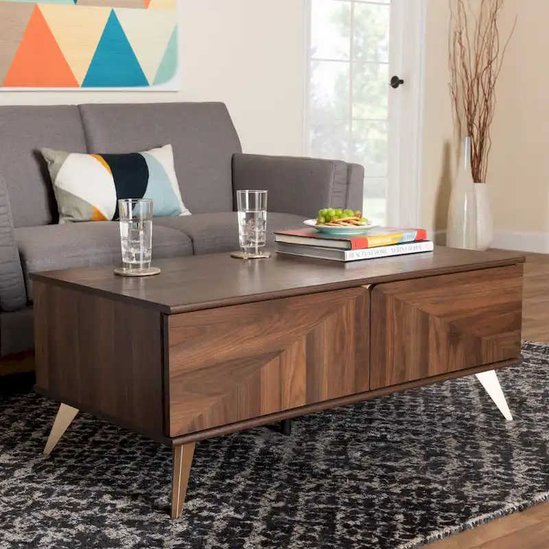 Mid-Century Modern Transitional Walnut Brown Finished Wood 2-Drawer Coffee Table