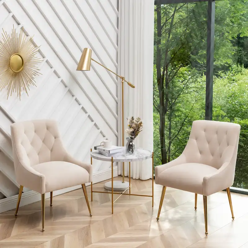 SEYNAR Modern Boucle Velvet Upholstered Accent Dining Chair Set of 2 Tufted Back Armless Chair with Golden Legs