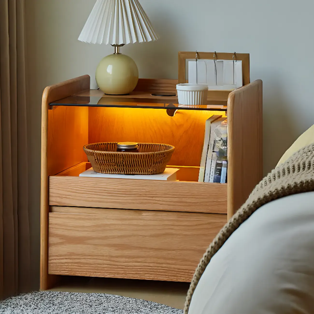 Durable Cherry Wood Storage Nightstand with Bulti-in Lighting