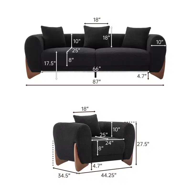 Modern Boucle Fabric Sofa Set - 1 Sofa and 2 chairs with Sleek Wooden Legs for Living Room or Home Office - Morden Fort