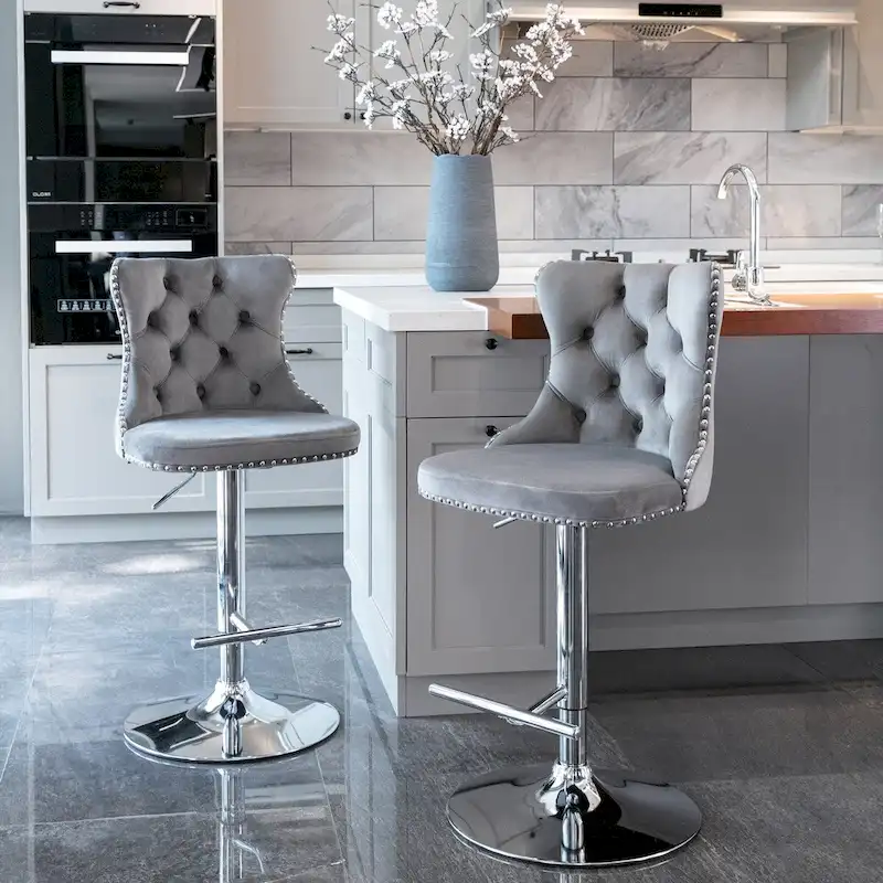 Swivel Velvet Barstools Adjusatble Seat Height from 25-33 Inch,Upholstered Chrome base Bar Stools with Backs,Set of 2
