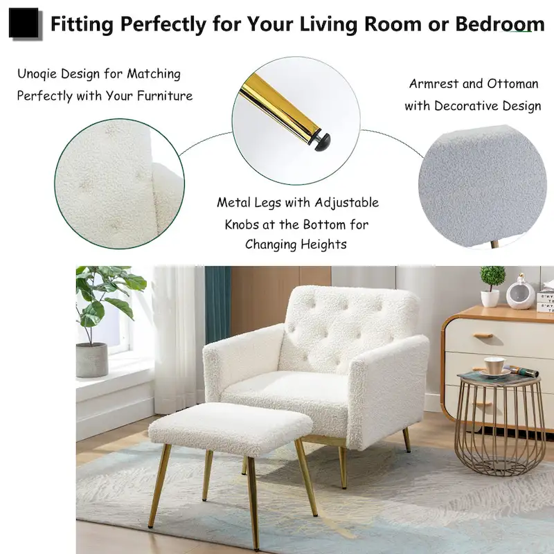 Velvet Tufted Convertible Armchair with Adjustable Backrest & Ottoman – Single