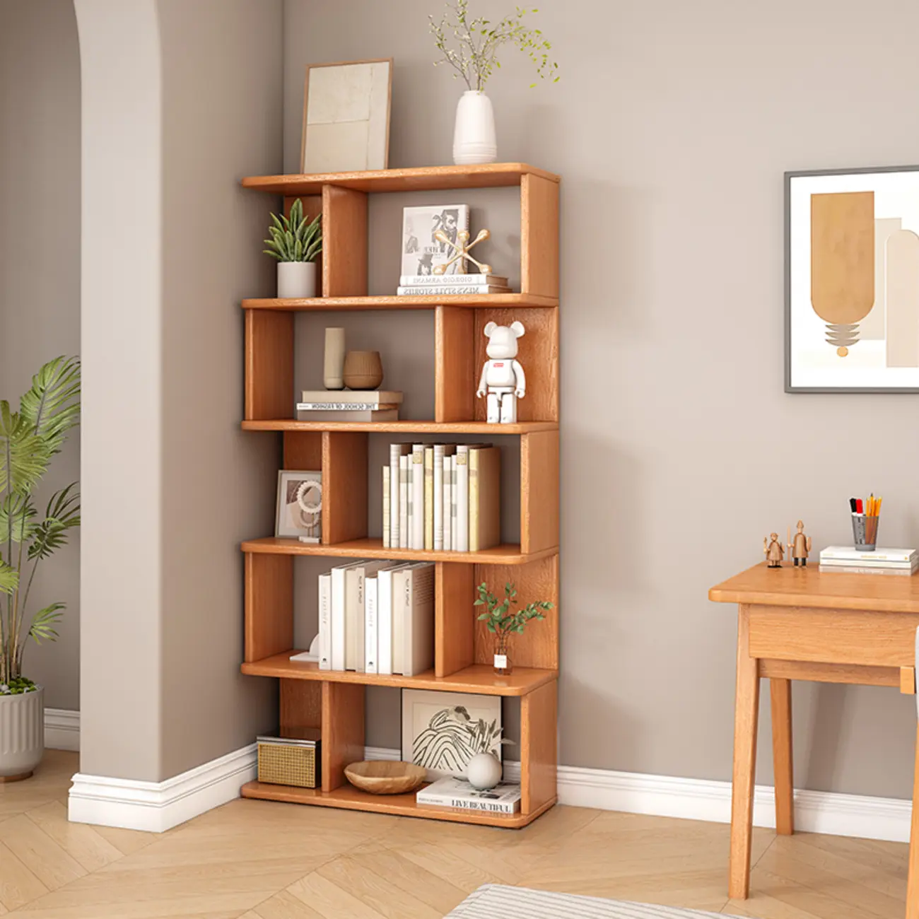 Mid-Century 6-Tier Open Back Wooden Bookshelf