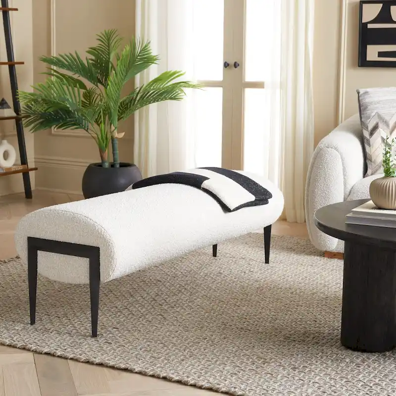 Upholstered Bench in Light Beige / Creme with Black Legs – Seats 2
