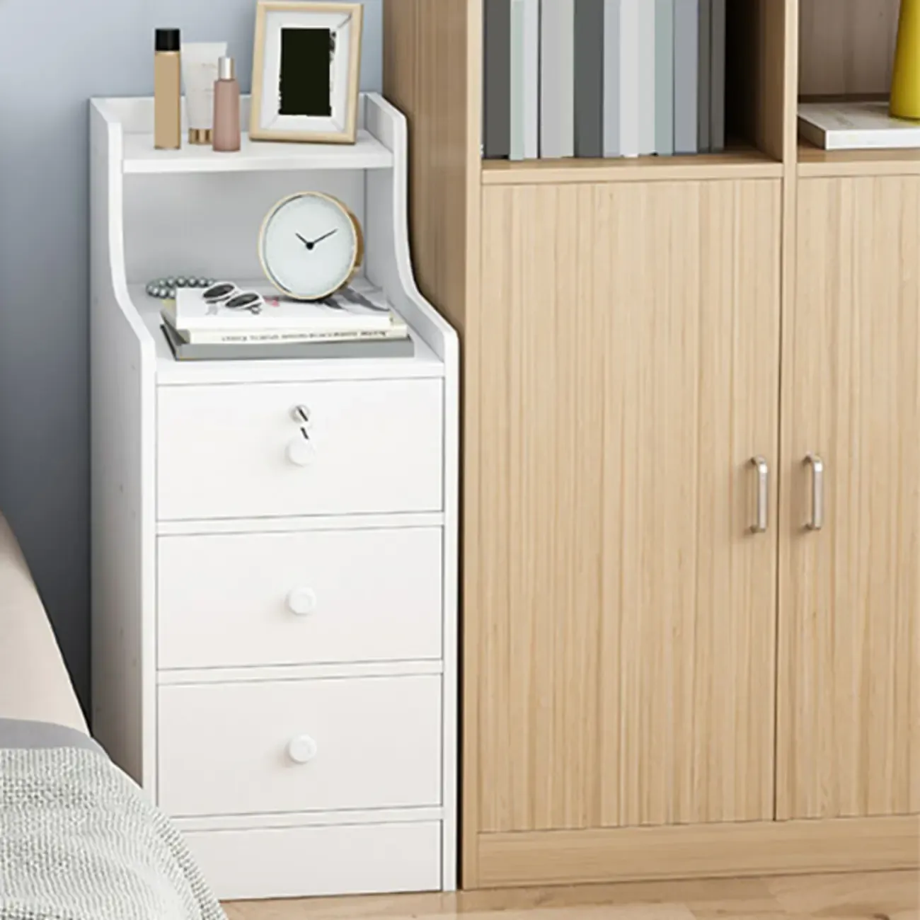 Narrow White Wood Nightstand with Drawers & Shelf