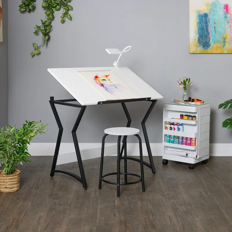 Adjustable Drafting Table with Stool - 36 Metal Craft Desk, 0-45° Tilt Top, Black/White, 2-Piece Set