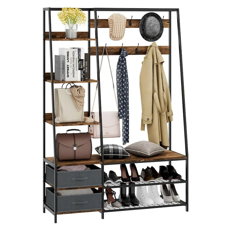 Gymax 6-in-1 Freestanding Hall Tree Coat Rack w/ Bench & Fabric