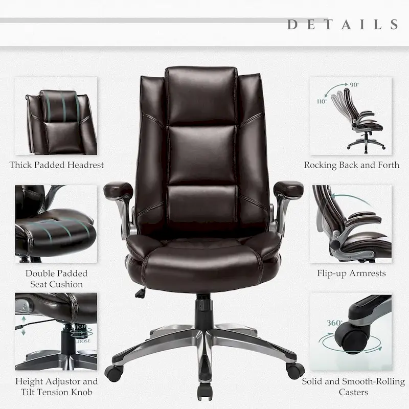 Leather Executive Office Chair- High Back Home Computer Desk Chair with Padded Flip-up Arms, Adjustable Tilt Lock