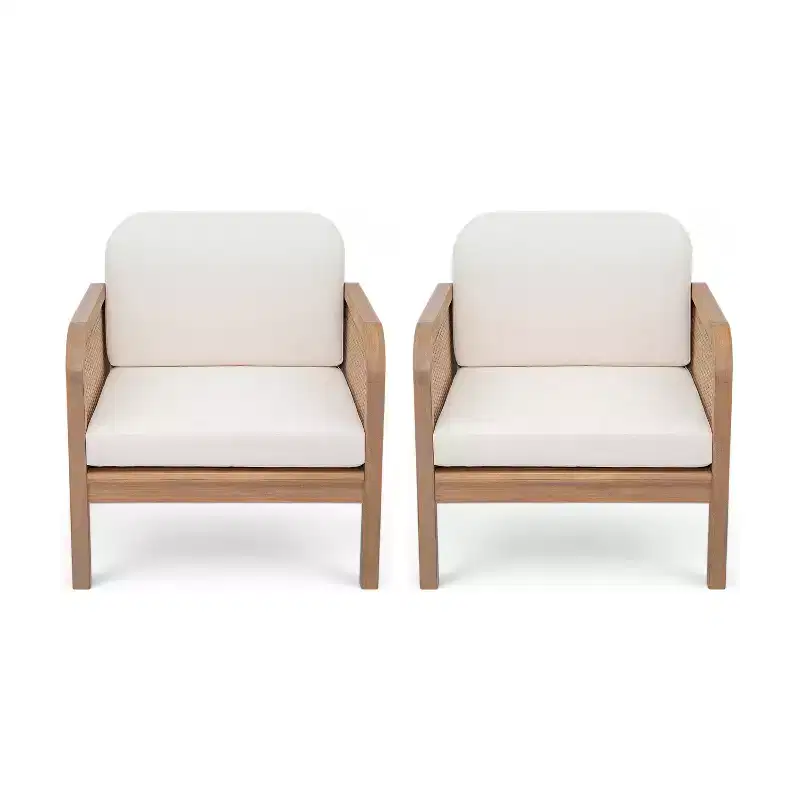 Christopher Knight Home Curtis Patio Rattan and Acacia Wood Club Chair with Water-Resistant Cushion, Brown/Beige