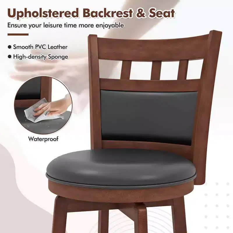 Costway 3 PCS Wood Bar Dining Set Table with Pedestal Base & 2 Upholstered Swivel Stools