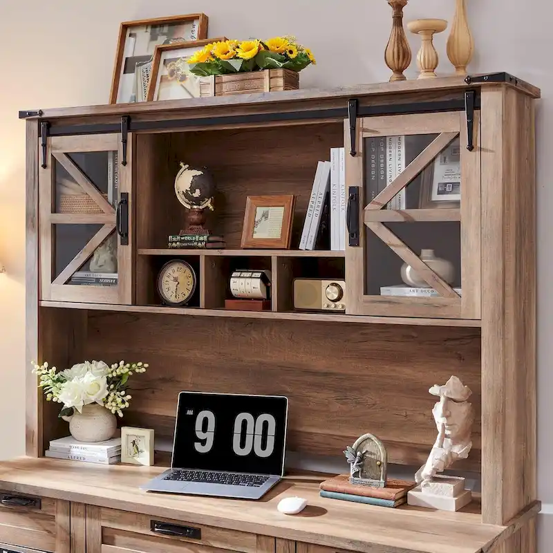 Farmhouse Desk, Wood Home Office Executive Desk with Charging Station