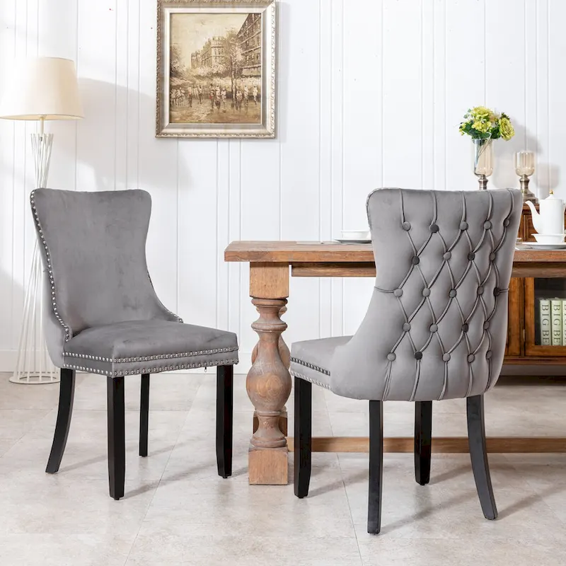 Gold/Black/Beige/Gray Velvet Wing-Back Dining Chair with Nailhead Trim, Set of 2