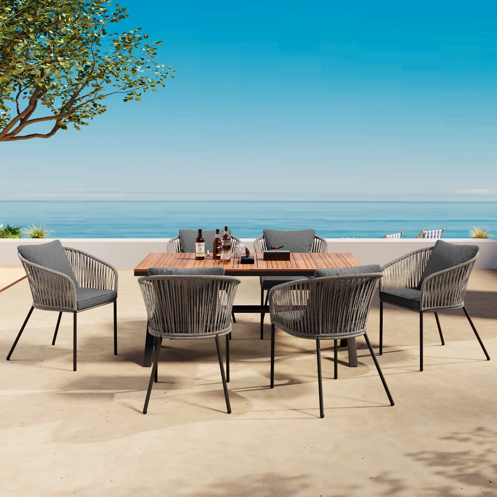 Walker Edison | Rope Modern Design 7 Piece Patio Dining Set