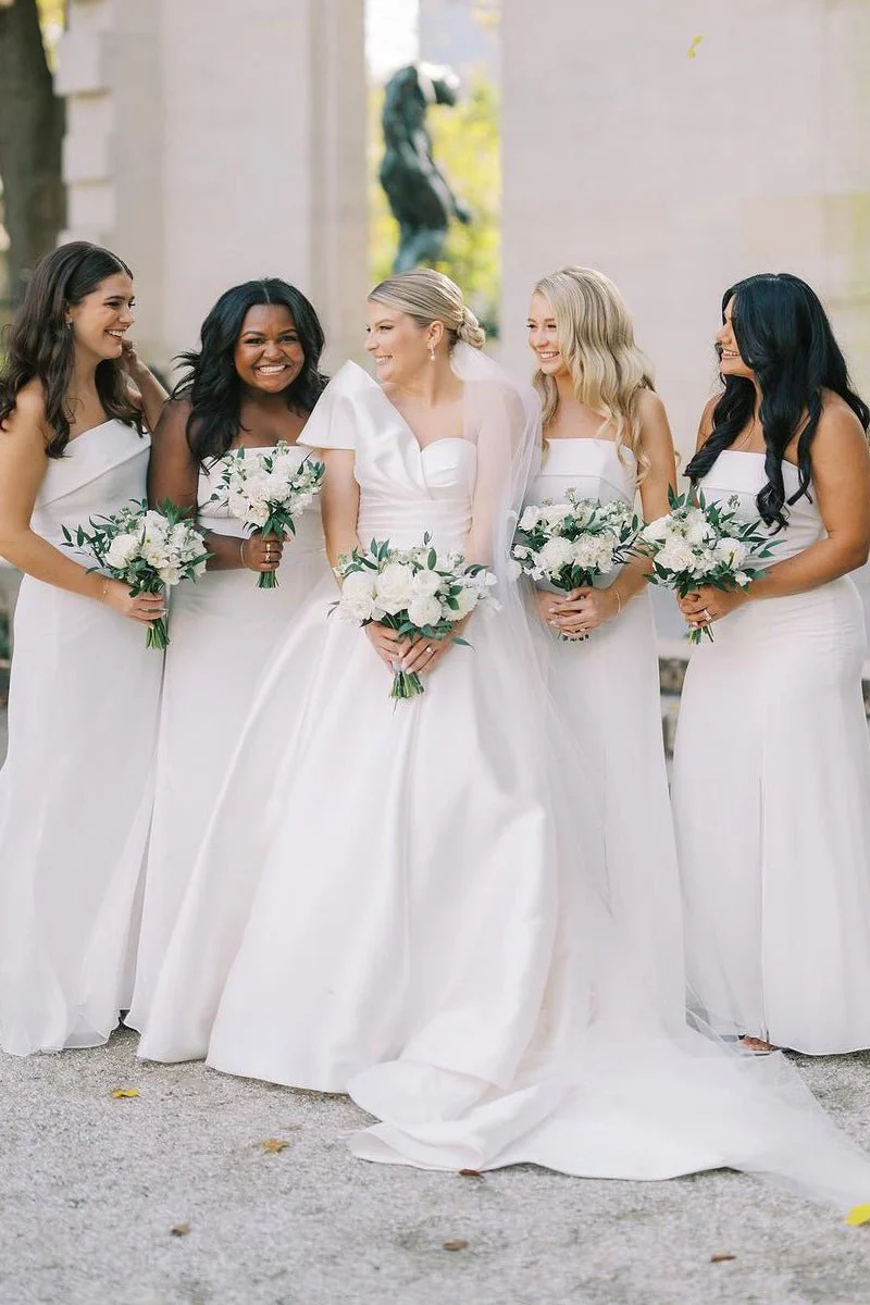 Elegant A-Line One Shoulder White Satin Wedding Dresses