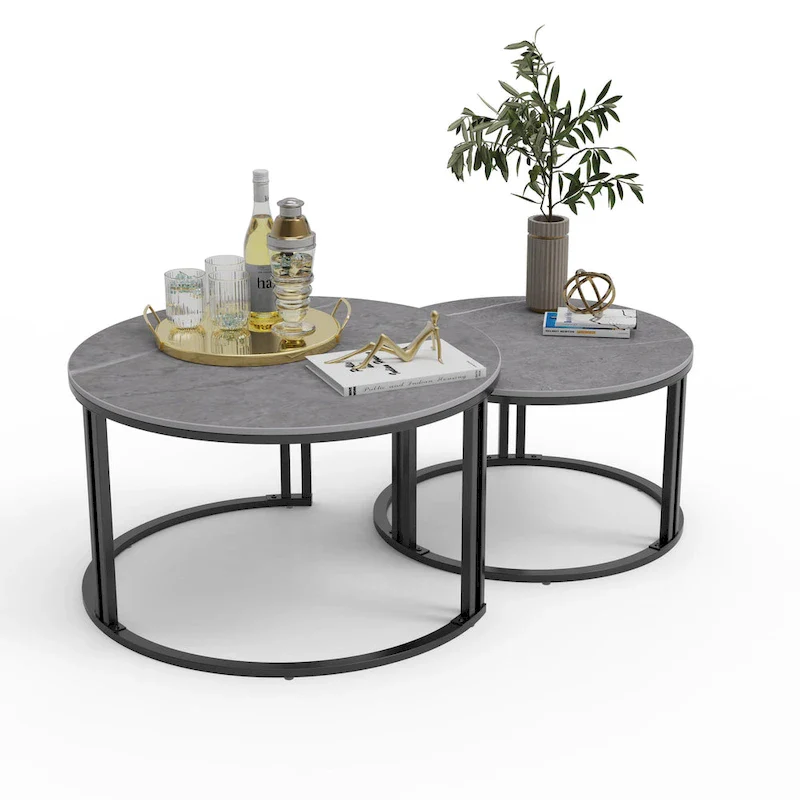 2X Round Nested Coffee Table SinteredStone Top Metal Tables - 27x16