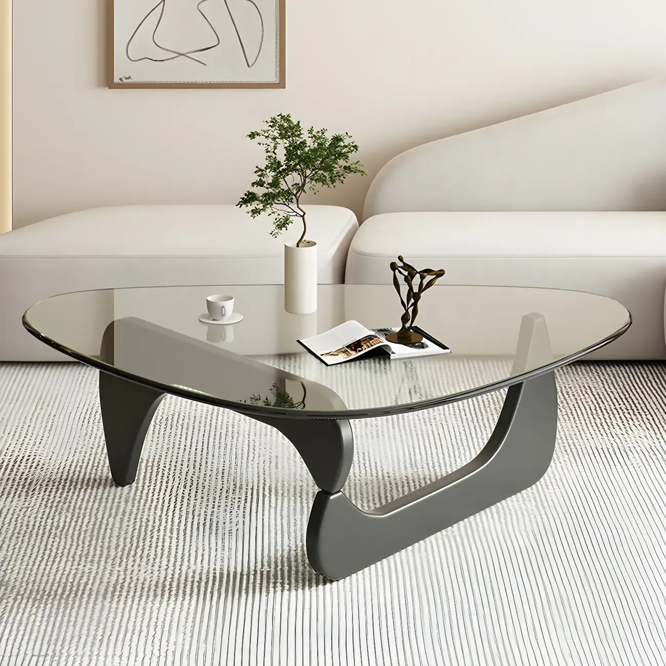 Modern Triangle Glass Coffee Table Wooden Base