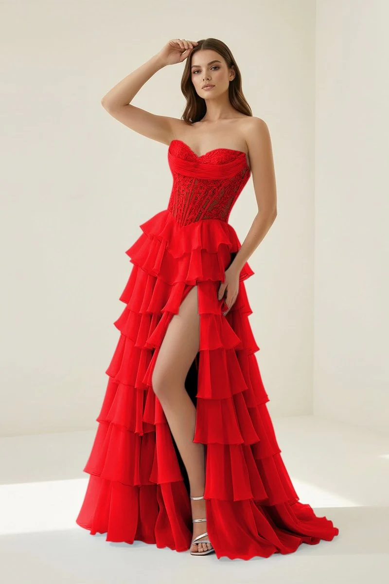 Red - Strapless A Line Chiffon Ruffled Prom Dresses With Appliques