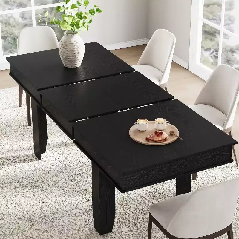 Extendable Dining Table for 6-10, Farmhouse Kitchen Table with Wood Frame, 63-86.6 Inch Rectangular Table for Dining Room