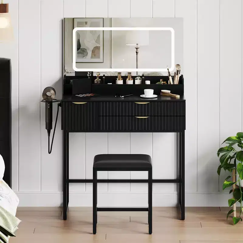 Makeup Vanity Desk with Mirror & Lights, Storage Drawers & Stool for Bedroom