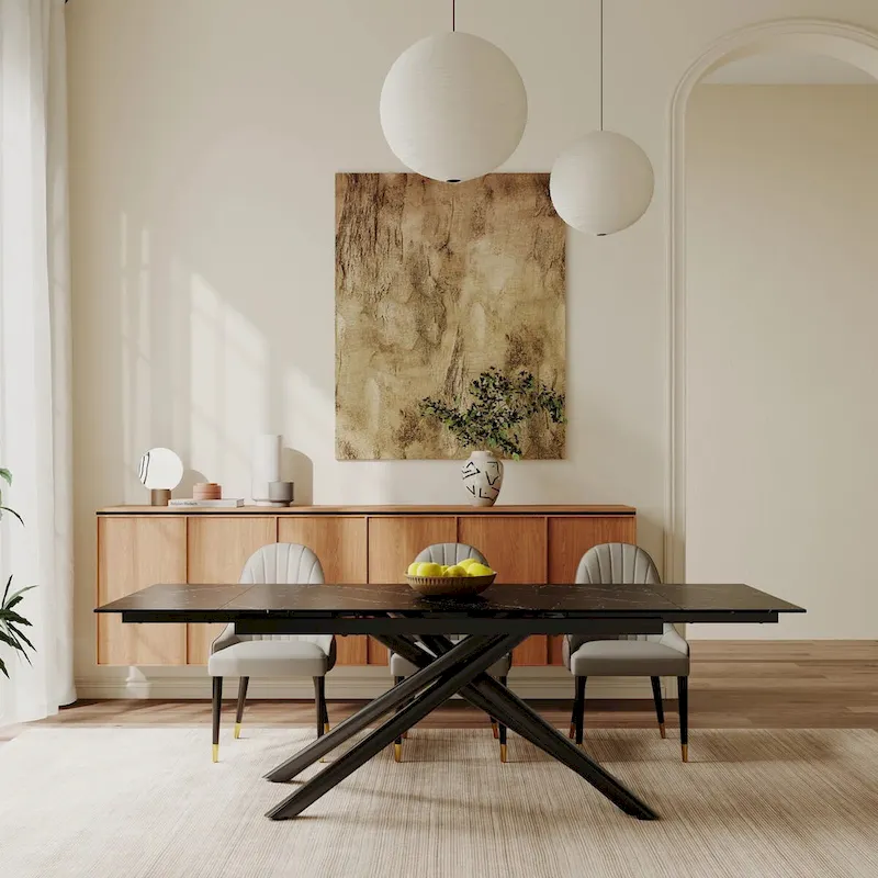 9 - Piece Extendable Rectangular Sintered Stone Cross Legs Dining Set With 8 Chairs